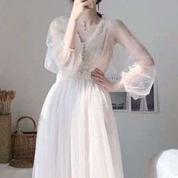 Spring Dresses Vintage Elegant with Button A-Line Dress Solid Puff Sleeve Lace Voile Mesh Dress Women Vestidos