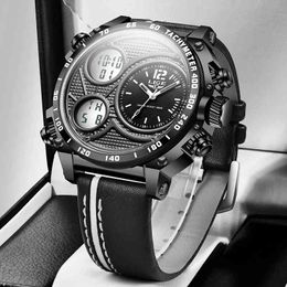 LIGE Men Watches Top Brand Luxury LED Sport Waterproof Chronograph Fashion Dual Display Leather Luminous Military Watch For Men 210517