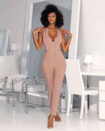 Women's Jumpsuits & Rompers Bandage Pink Low Bosom V-Neck Sexy Celebrity Night Club Fashion Backless Bodycon Women