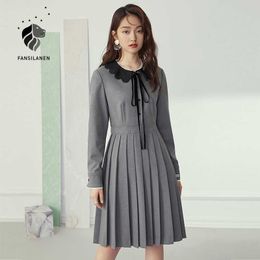 FANSILANEN Autumn winter knitted midi pleated dress Women long sleeve lace black vintage Female bow bandage elegant 210607