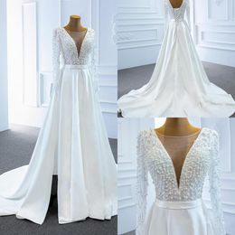 2021 Pearls Long Sleeve Wedding Dresses Princess A-line Satin Boat Neck Corset Back Boho Gowns Bridal Dress Beach Plus Size