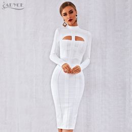 Adyce 2021 New Autumn Women White Bodycon Bandage Dress Long Sleeve Sexy Hollow Out Club Celebrity Evening Party Dress Vestidos 210319