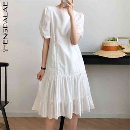 White Drawstring Dress Women's Summer Round Neck Waist Short Sleeve Knee-length Dresses Female Tide 5E179 210427