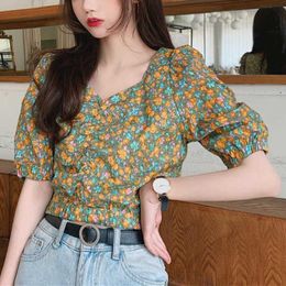 Vintage Puff Sleeve Floral Blouse Women French Square Collar Chiffon Tops Spring Casual Party Korean Short Clothes 210604