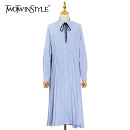Loose Striped Spring Dress For Women Lapel Long Sleeve Lace Up Bowknot Casual Blue Dresses Female Fashion 210520