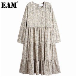 [EAM] Women Green Pattern Printed Big Size Dress Round Neck Long Sleeve Loose Fit Fashion Spring Autumn 1DD7778 21512