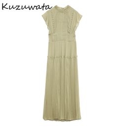 Kuzuwata Spring New Pleated Drawstring Slim Waist Dresses Elegant Fresh High Waist Women Dress Sexy Hollow Out Vestidos 210323