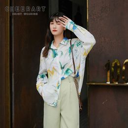 Hawaiian Shirt Women Long Sleeve Blouse Loose Baggy Casual Floral Print Button Up Collared Summer Fashion 210427