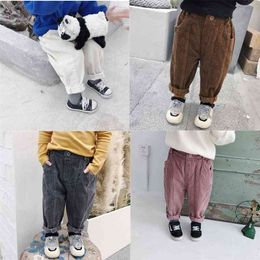 Autumn Winter boys girls cotton corduroy casual pants kids all-match spliced solid color loose children trousers 210708
