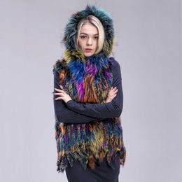 ZDFURS* women real natural rabbit vest fur with raccoon fur hooded collar trimming waistcoat knitted genuine T191118