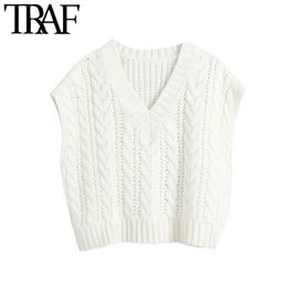 Women Fashion Oversized Cable Knitted Vest Sweater Vintage V Neck Sleeveless Female Waistcoat Chic Tops 210507