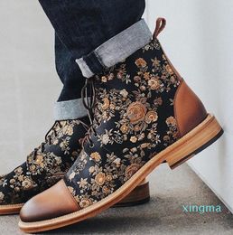 Men Boots Fashion Round Toe Lace Up Pu Leather Shoes Winter Mens Booties Floral Print Ankle Boots
