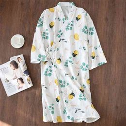 design Fresh kimono robes women Summer bathrobes 100% Gauze cotton thin casual Floral women nightgowns Japanese bath robes 210901