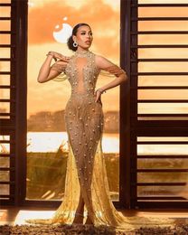 Luxury Mermaid Evening Dresses For Women 2022 Gold Full Beaded Party Dress Off The Shoulder Formal Gown High Neck Robe De Soiree