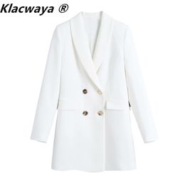Klacwaya Women Blazer Coat Double Breasted Vintage Long Sleeve Pocket Solid Colour Female Outerwear Chic Suit Jacket 211019