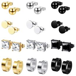 Stud 12 Pairs Of Stainless Steel Earrings Zircon Men's Women's CZ Square Round Ring Punk 6mm