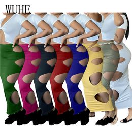 WUHE Summer Long Skirts Hole High Waist Hollow Out Elasticity Package Hip Elegant Women Office Work Slim Casual Party Nightclub X0428