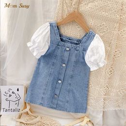 Fashion Baby Girl Jean Lace Patched Dress Puff Sleeve Infant Toddler Girl Summer Denim Vestido Baby Clothes 1-10Y Q0716