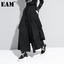 [EAM] High Waist Black Linen Split Joint Long Wide Leg Trousers Loose Fit Pants Women Fashion Spring Autumn 1DA613 210925