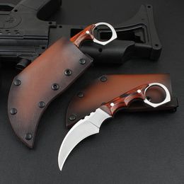 Top quality Karambit Knife D2 Steel Blade Full Tang Rosewood Handle Fixed Blade Tactical Claw Knives With Leather Sheath