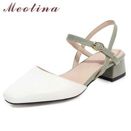 Meotina Women Shoes Slingbacks Mid Heels Pumps Square Toe Thick Heel Ladies Footwear Summer Elegant Shoes Female Black White 210608