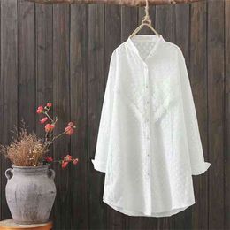 Spring Autumn Stand Embroidered White Shirts Long Casual Cotton Full Women Tops 210615
