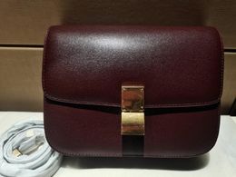 Realfine 3A 89173 24cm Medium Classic Bags In Box Calfskin Leather Shoulder Handbag For Women With Dust Bag Burgundy Colour