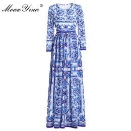 Fashion Designer Runway dress Spring Autumn Women Dress Long sleeve Classic Blue and white porcelain Print Dresses 210524