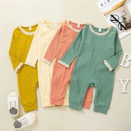 Princess Baby Girls Cute Ribbed Romper Autumn Lace Clothes Solid Colour Toddler Girls Long Sleeve Soft Cotton Jumpsuit Playsuit