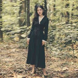 YOSIMI Black Long Dress Women V-Neck Midi Sleeve Vintage es Fit and Flare Bandage Vestidos Verano Spring 210603