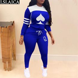 2 Peice Set Women Long Sleeve Sweatshirt&woman Pants Solid Colour Playing Card Printing Sporty Runway s for 210515