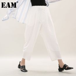 [EAM] High Waist White Brief Long Leisure Wide Leg Trousers Loose Fit Pants Women Fashion Spring Summer JU42600 210512