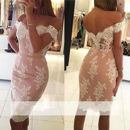 Pink Elegant Cocktail Dresses Sheath Off The Shoulder Knee Length Satin Lace Party Gown Plus Size Homecoming Dresses258V