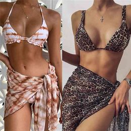 Sexy 3 Piece Swimsuit Women Tie Dye Push Up Padded Biquini Brazilian Summer Bathing Suit Thong Bikini Swimwear Skirt 210702