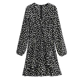 Women Summer Vintage Print Mini Dress Long Sleeve V-Neck Ruffles Wrap Female Elegant Black Street Dresses Vestidos 210513