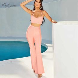 Summer Ladies Two-Piece Wide Leg Pants Celebrity Party Sexy Bodycon Sleeveless Italian Pink High Waist Trousers 210525