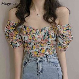 Vintage Puff Sleeve Floral Chiffon Blouse Women Clothes Summer Chic Sexy Tops Print Shirt Off Shoulder Short Blouses Woman 13603 210512