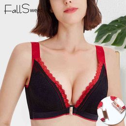 Fallsweet Push Up Bra Front Closure Sexy Lingerie Plus Size Deep V Brassiere Plunge Underwear Women Lace Bralette 211217