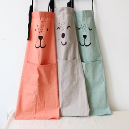 Aprons Cartoon Cotton Linen Bib Apron Solid Colour Kitchen Cooking With Pocket Clothes Gift For Adult Children Gardening Works