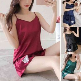 Women's V-Neck Faux Silk Satin Pajamas Set Ladies Sleeveless Plain Summer Harness Sleepwear Printed Solid Casual Two Piece 210809