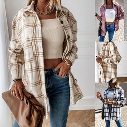 Women Plaid Blouse Long Sleeve Checked Oversized Pink Shirt Turn Down Collar Thick Ladies Vintage Chic Top Blusa