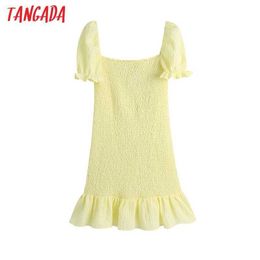 Tangada Women Summer Smocked Elastic Ruffled Mini Dress Vintage Puff Sleeve with Lining Female Dresses Vestidos BE622 210609