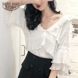 Summer Blusas Mujer De Moda Half-sleeve Shirts Tops Korean Style Flounced White Chiffon Women Blouse Shirt 8670 50 210527