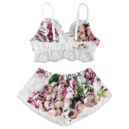 Fashion Women's Pajama Sets Underwear Sexy Lace Bow Sleeveless Sling Summer Lingerie Shorts Ladies Pajamas Female Sleepwear Q0706