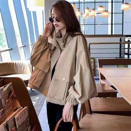 Arrival Spring Korean Style Women Loose Casual Long Sleeve Stand Collar Jackets Big Pocket Cotton Zipper Coat W82 210512