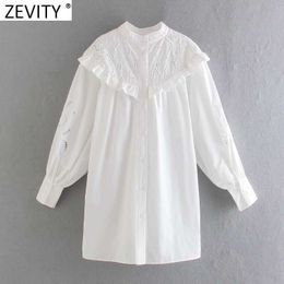 Zevity Women Vintage Hollow Out Embroidery Ruffles Casual White Dress Female Chic Stand Collar Breasted Kimono Vestidos DS8121 210603