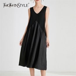 Black Patchwork Dress For Women V Neck Sleeveless Casual Loose Ruched Midi Dresses Female Fashion Clothing 210520