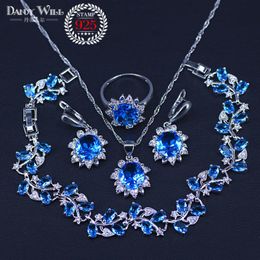 sky blue earrings UK - Earrings & Necklace Silver Color Jewelry Sets For Women Flower Sky Blue Cubic Zirconia Pendant Rings Crystal Bracelets