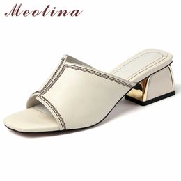 Meotina Women Shoes Summer Slippers Natural Cow Leather Block Heels Shoes Real Leather Open Toe Sandals Ladies Slides Size 34-41 210608