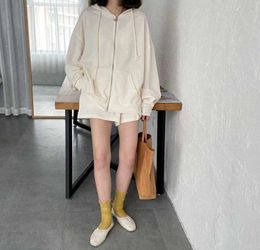 Spring Autumn Women's Casual Sports Suit Thin Fur Loose Hooded Jacket + Wide-legged Shorts Two-piece Set Outfits 210607